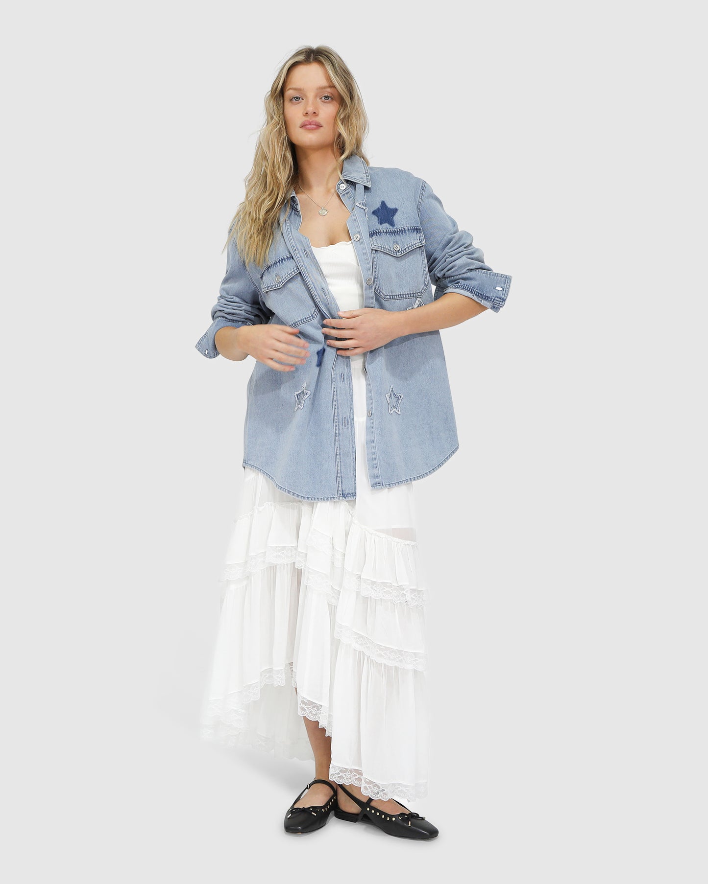 Stargazer Patch Detail Denim Shirt - Stonewash