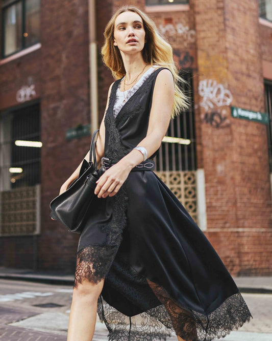 Soft Temptation Lace Trim Wrap Dress - Black