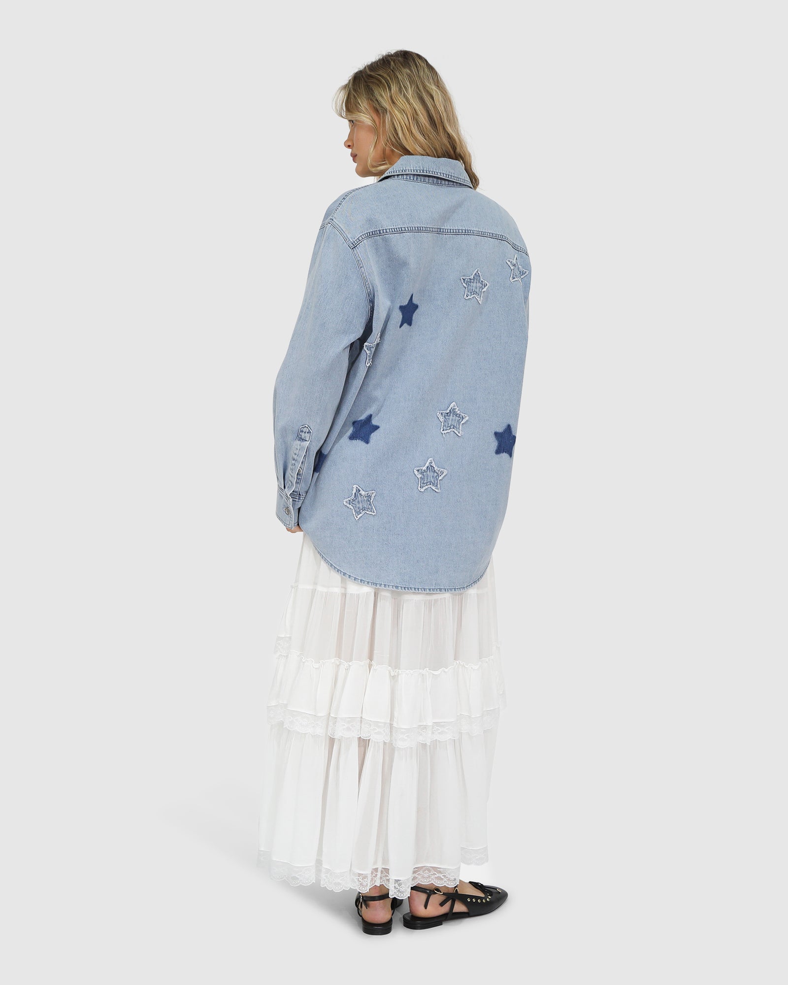 Belle & Bloom Stargazer Patch Detail Denim Shirt stonewash – women’s denim shirt back view