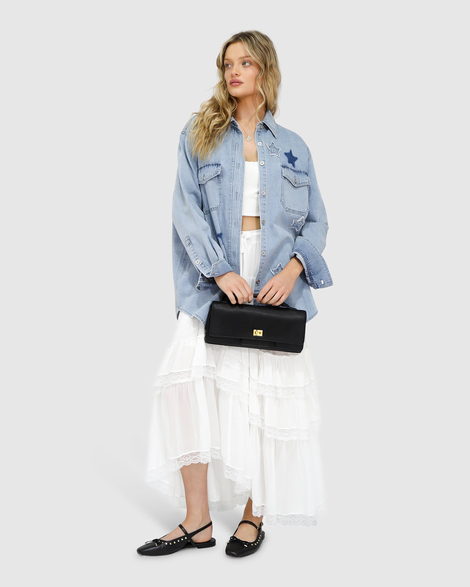 Belle & Bloom Stargazer Patch Detail Denim Shirt stonewash – styled with skirt for chic layered outfit