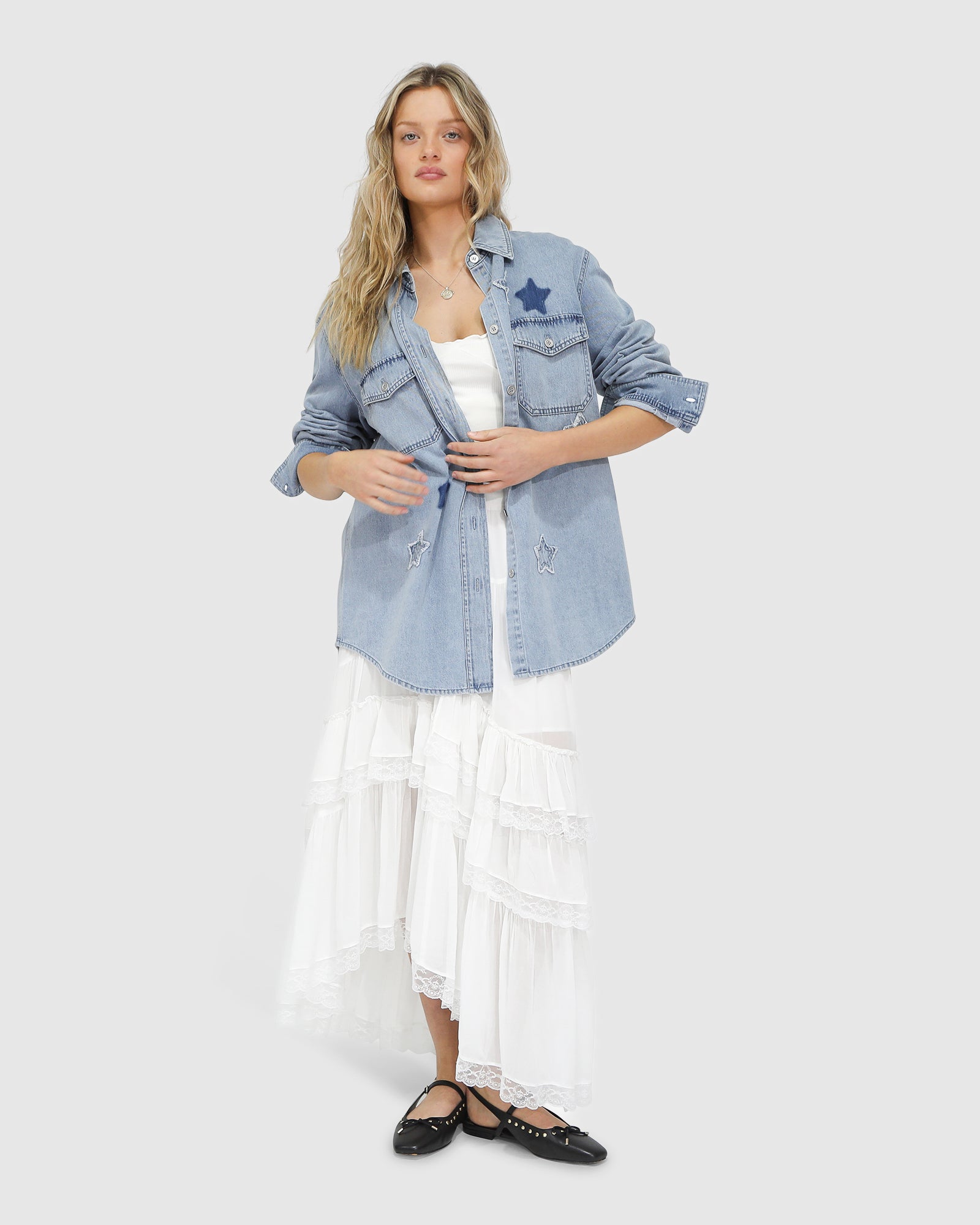 Belle & Bloom Stargazer Patch Detail Denim Shirt stonewash – styled with skirt for chic layered outfit