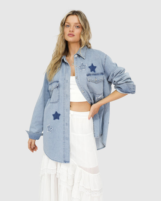 Belle & Bloom Stargazer Patch Detail Denim Shirt stonewash – versatile denim shirt styled on model