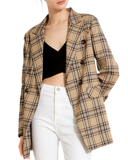 Too Cool For Work Plaid Blazer - Camel