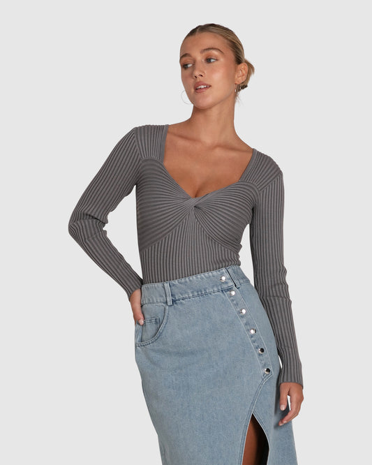 Think Twice Long Sleeve Bodysuit - Grey Marle