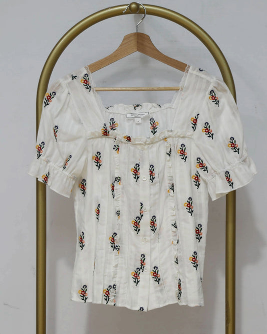 Embroidered Puff Sleeve Blouse - Cream