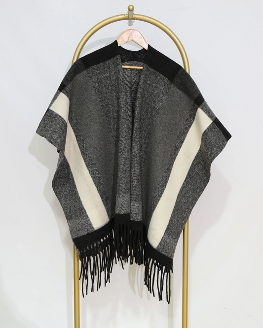 Colour Block Fringe Wrap - Grey