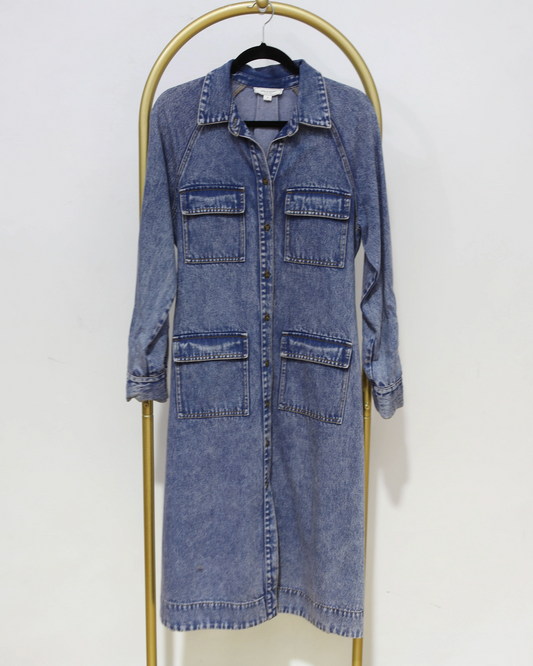 Belted Button-Front Denim Maxi Dress - Blue