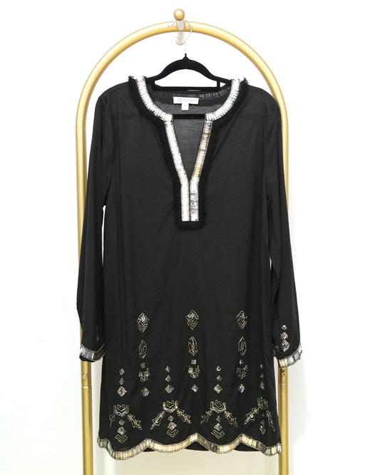 Embellished Long Sleeve Mini Dress - Black