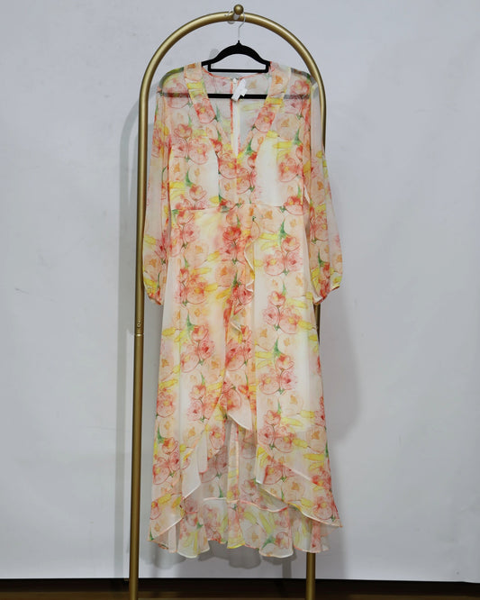 Watercolour Floral High-Low Midi Dress – Blush Multi