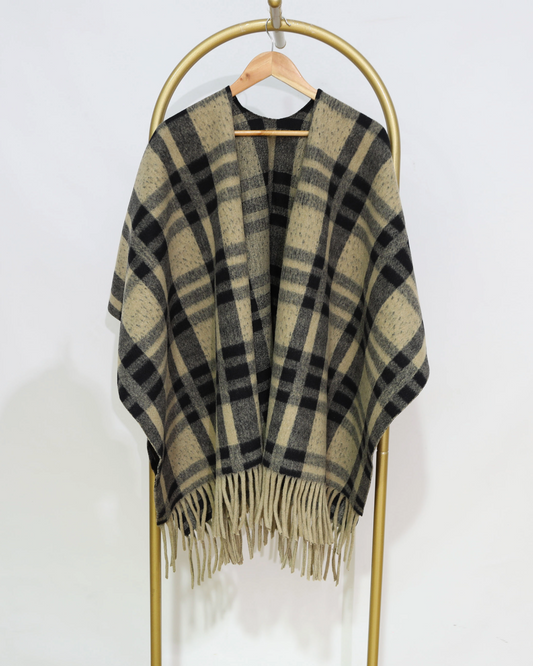 Check Fringe Wrap - Beige