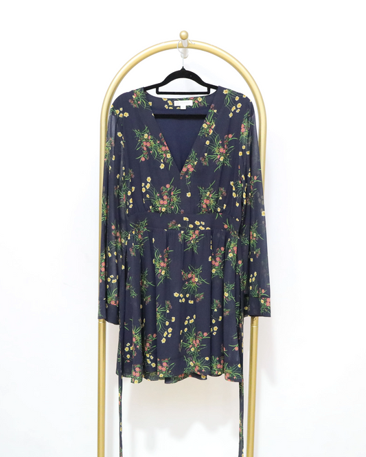 Floral V-Neck Mini Dress - Navy