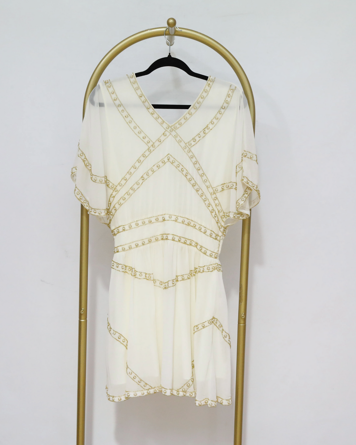 Embellished Flutter Sleeve Mini Dress - Cream
