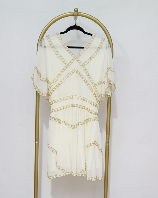Embellished Flutter Sleeve Mini Dress - Cream