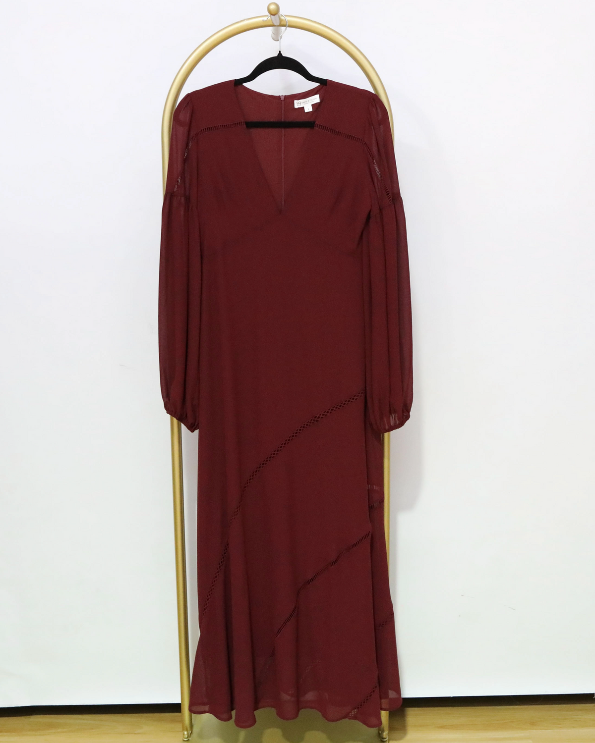 Ladder Trim Long Sleeve Maxi Dress - Burgundy