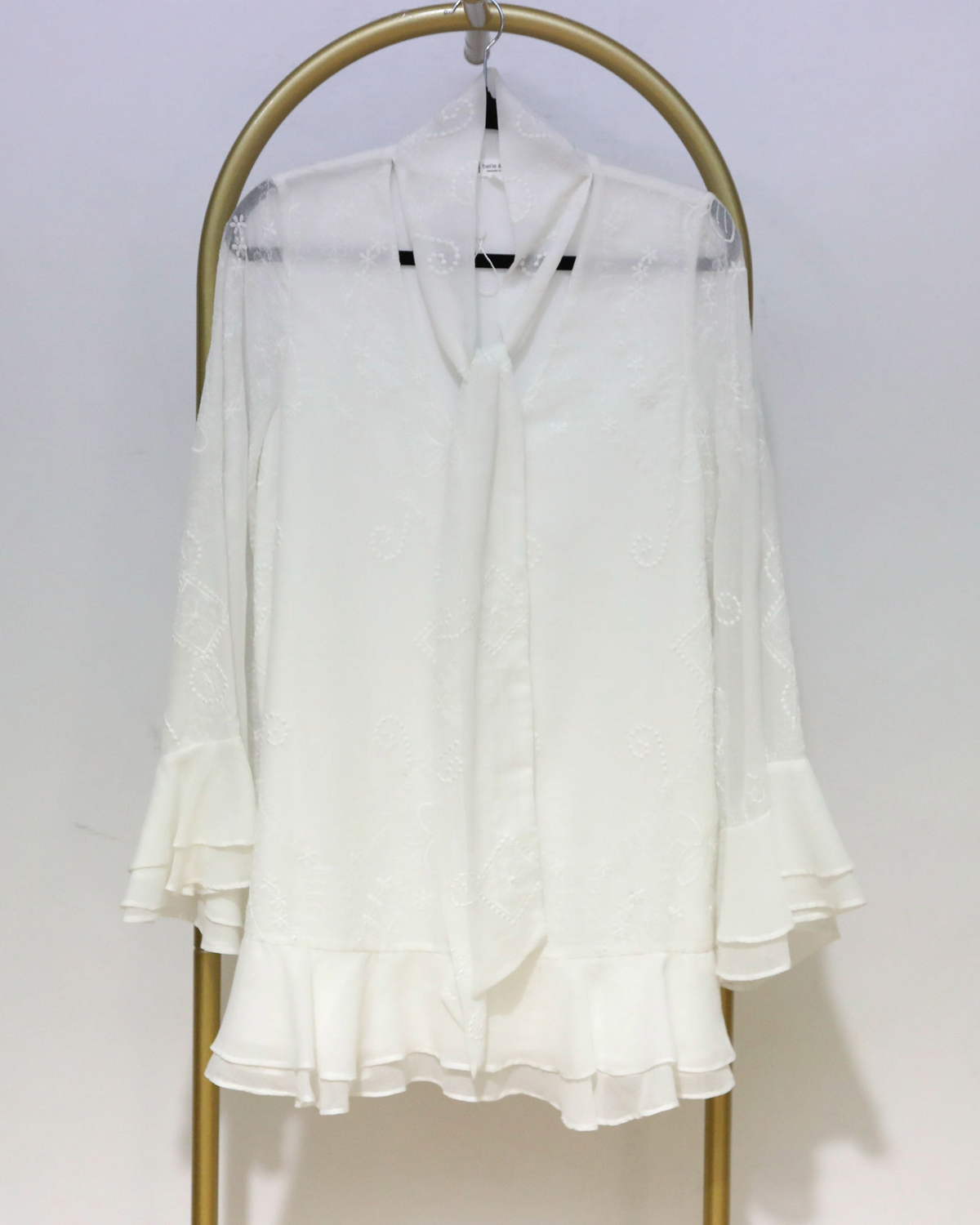 Embroidered Tie Neck Ruffle Mini Dress - White
