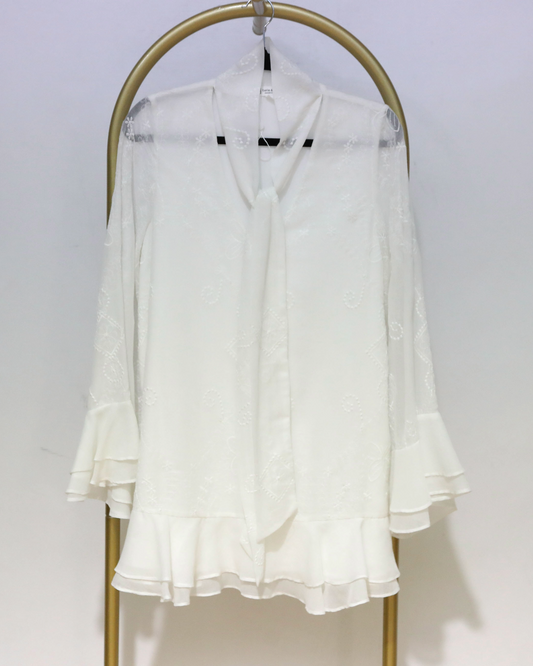 Embroidered Tie Neck Ruffle Mini Dress - White