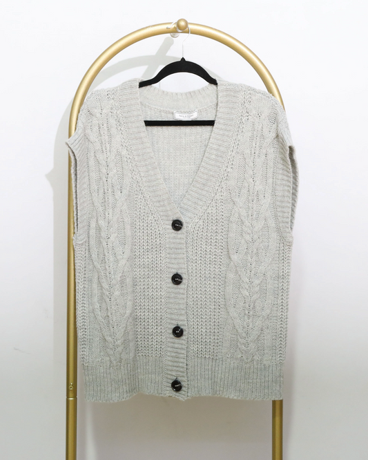 Cable Knit Button Front Vest - Light Grey