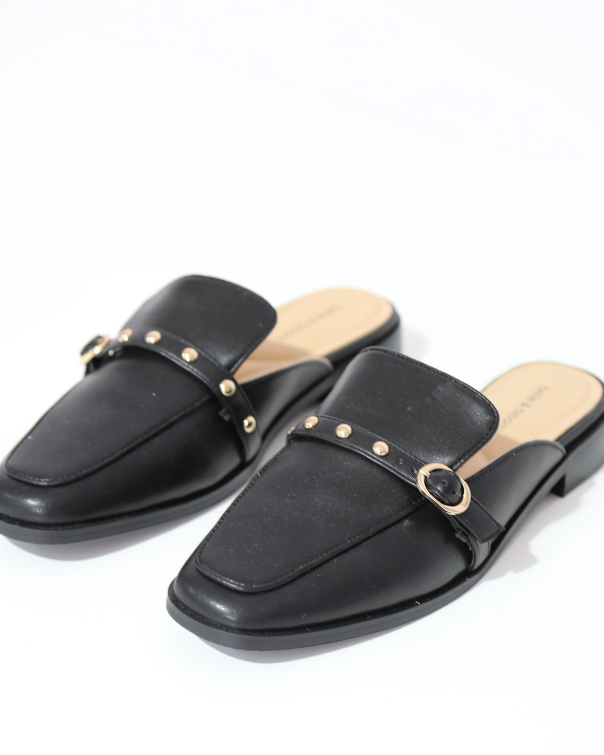 Studded Buckle Mule Loafers - Black