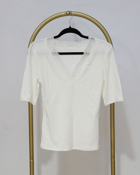 Lace-Trim Ribbed Top - Cream
