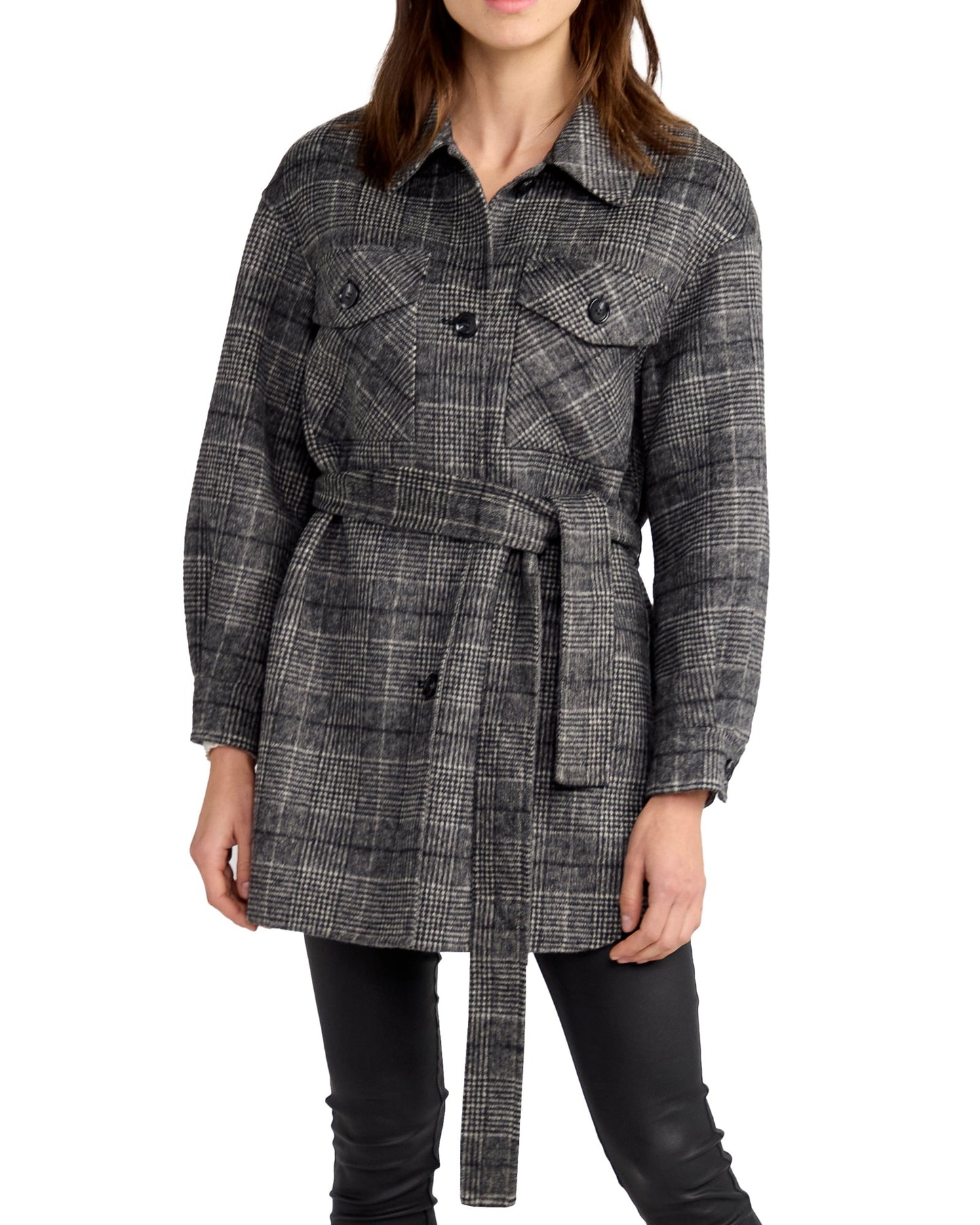 Back Together Wool Blend Belted Shacket - Black/White