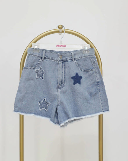 High Waisted Denim Shorts with Star Appliques - Lightwash