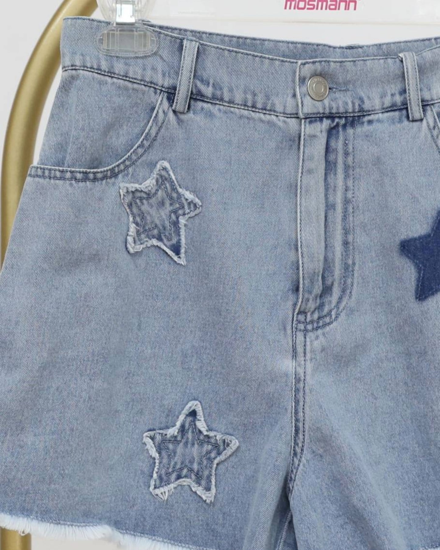 High Waisted Denim Shorts with Star Appliques - Lightwash