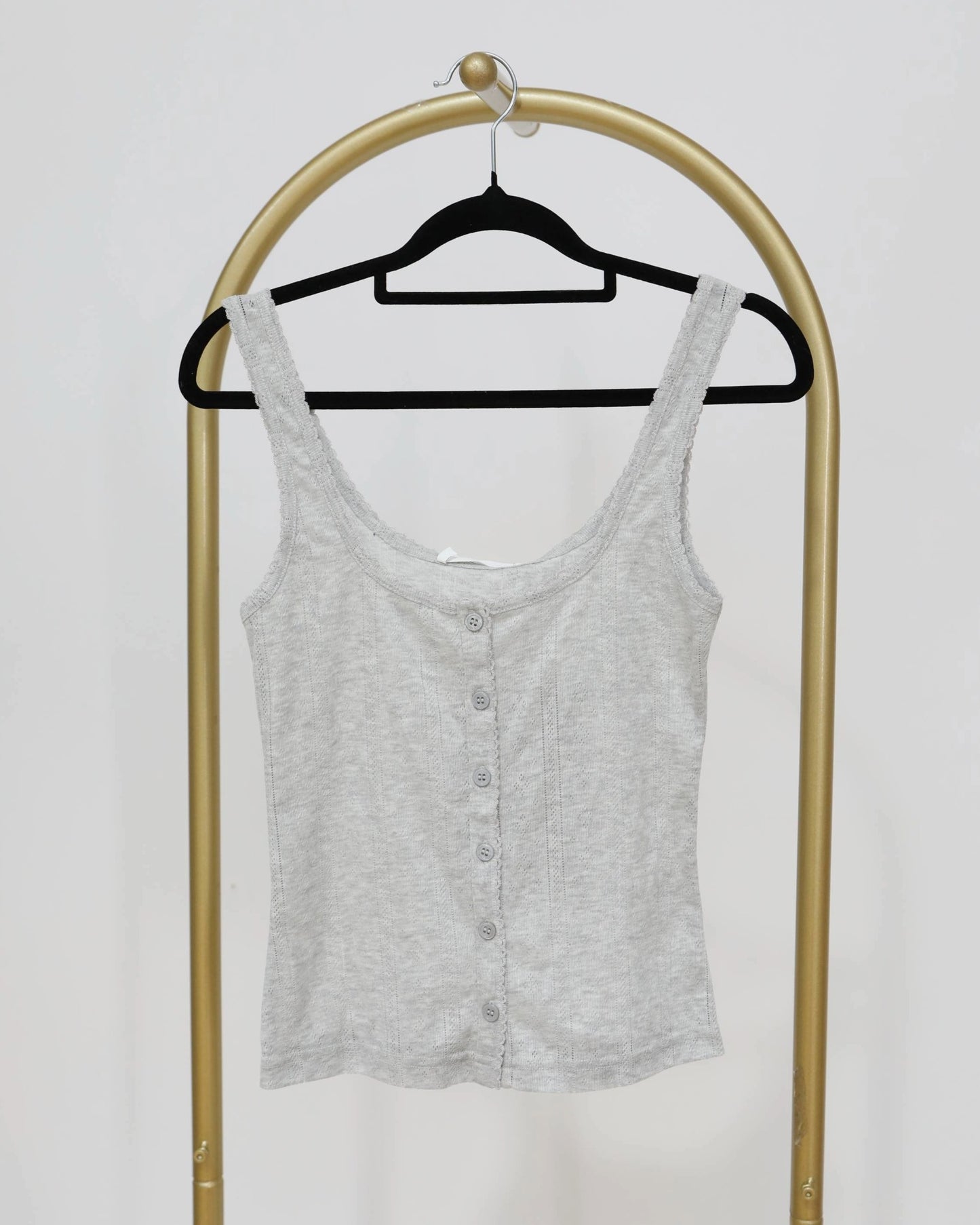 Button Down Tank with Lace Trim - Light Grey