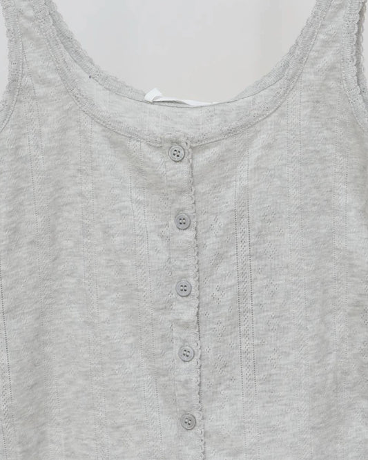 Button Down Tank with Lace Trim - Light Grey