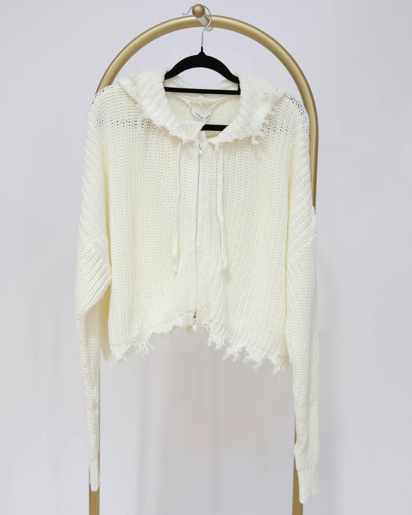 Hooded Frayed Hem Crochet Knit - Cream