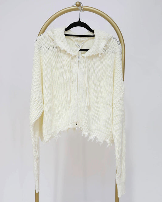 Hooded Frayed Hem Crochet Knit - Cream