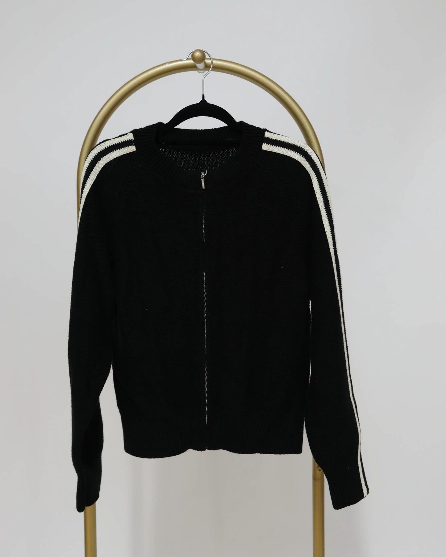 Lightweight Zip Up Knit with Stripe Detailing - Black