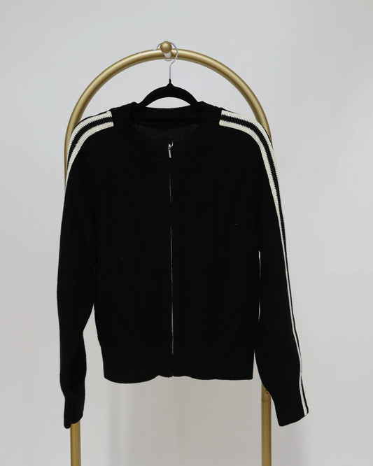 Lightweight Zip Up Knit with Stripe Detailing - Black