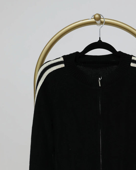 Lightweight Zip Up Knit with Stripe Detailing - Black