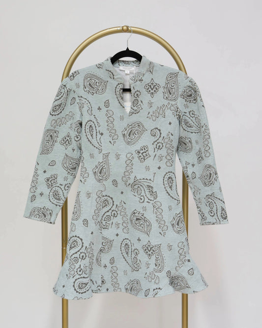 Long Sleeve Paisley Print Dress - Blue