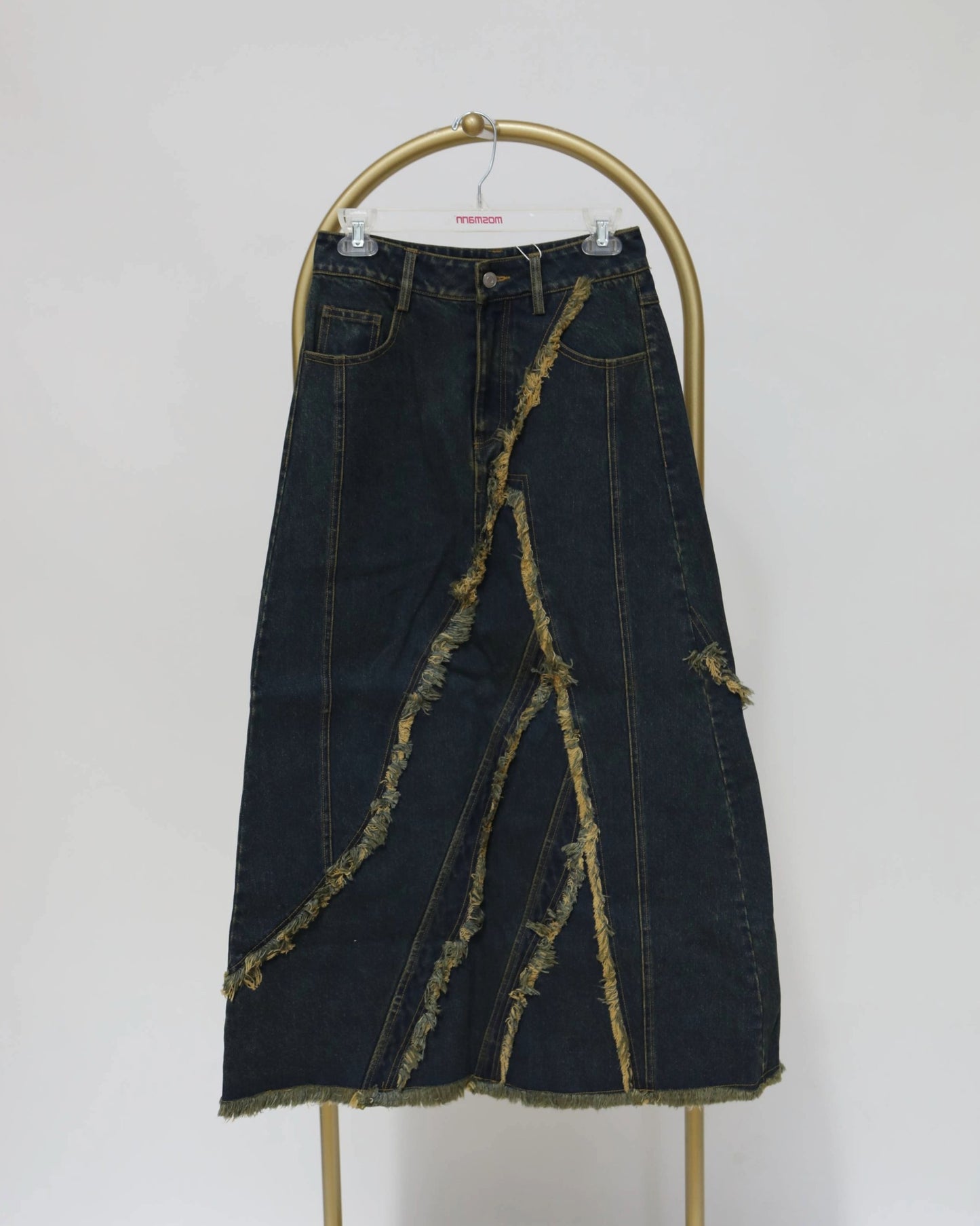 Frayed Panel Denim Skirt - Dark Indigo