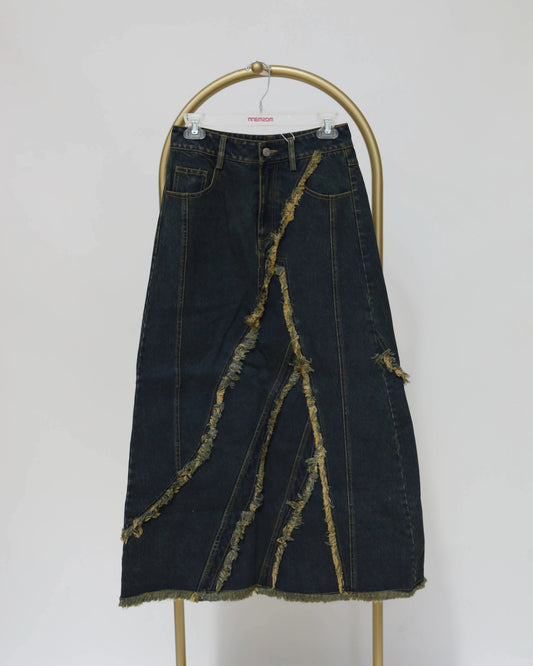 Frayed Panel Denim Skirt - Dark Indigo