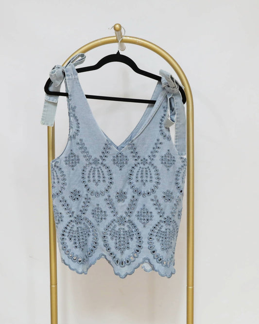 Denim Blouse with Embroidery Detail - Blue