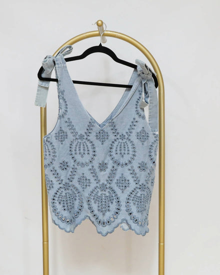 Denim Blouse with Embroidery Detail - Blue