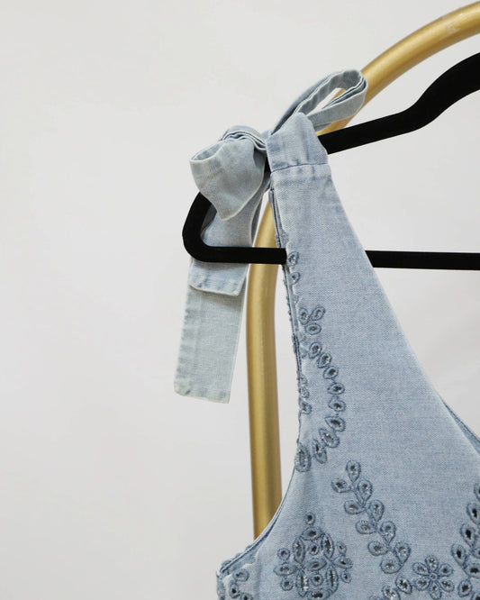 Denim Blouse with Embroidery Detail - Blue