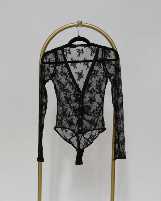 Long Sleeve Lace Bodysuit - Black