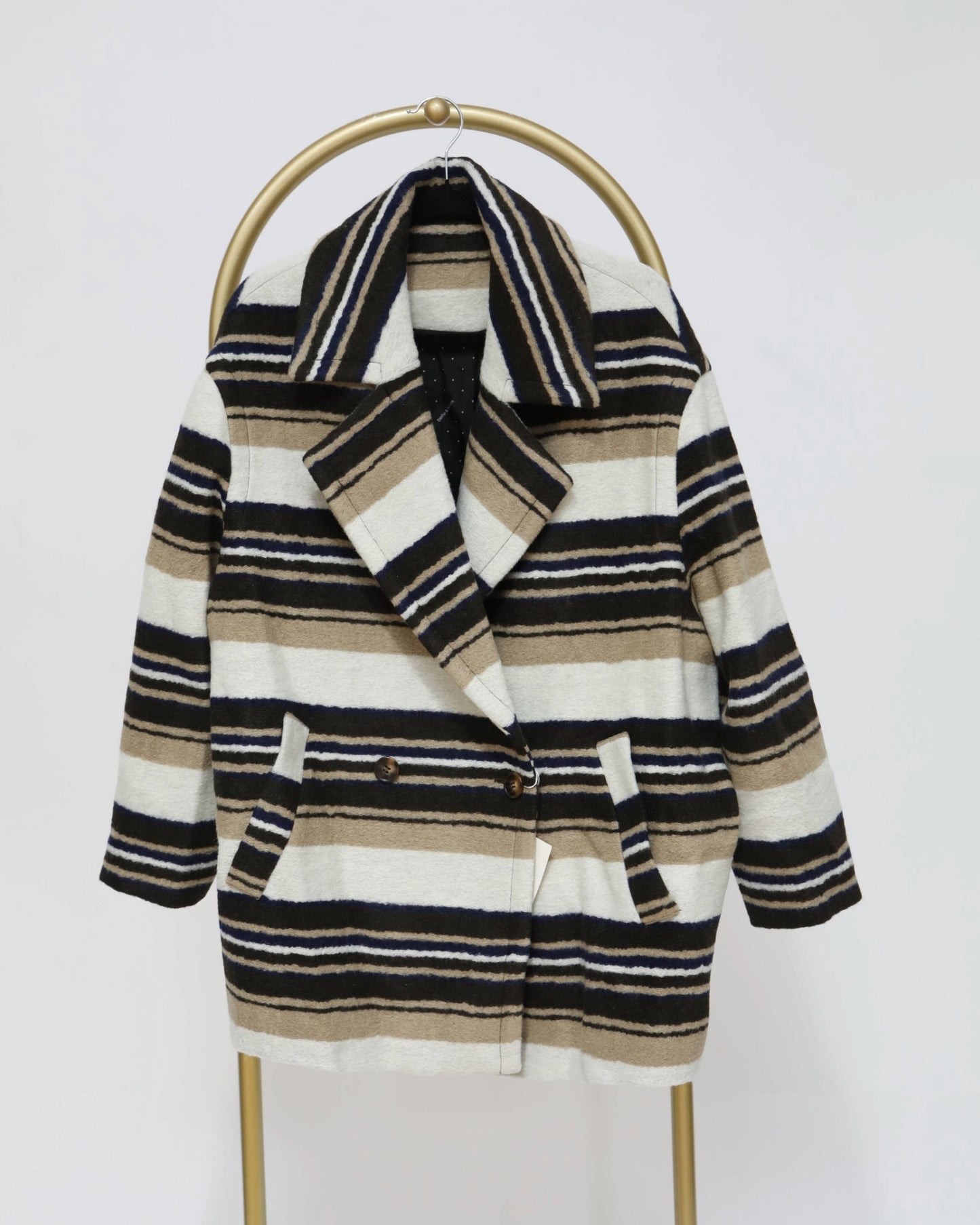 Wool Blend Striped Coat - Black & White