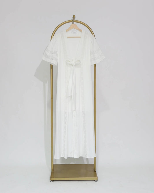 Lace Trim Tie-Front Maxi Dress - White