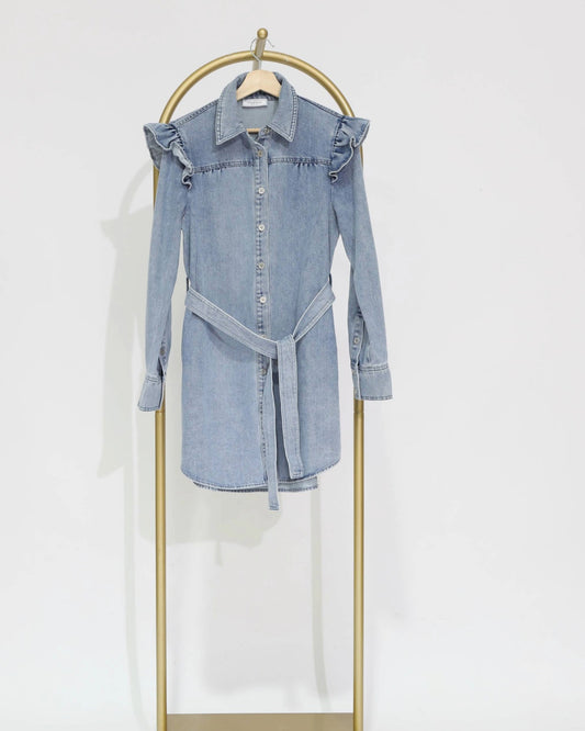 Denim Shirt Dress with Belt - Blue