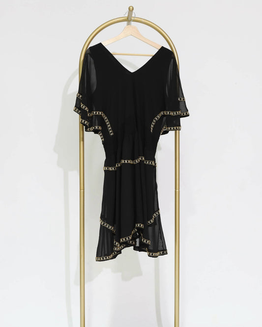 Embellished V-Neck Mini Dress - Black