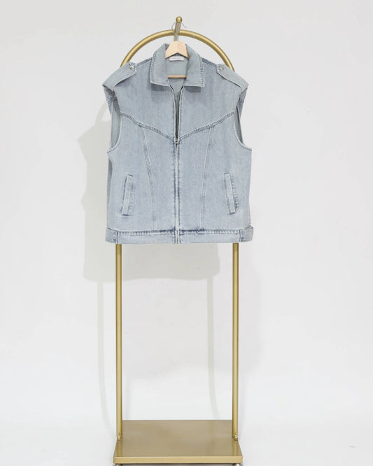 Sleeveless Zip-Front Denim Vest - Blue