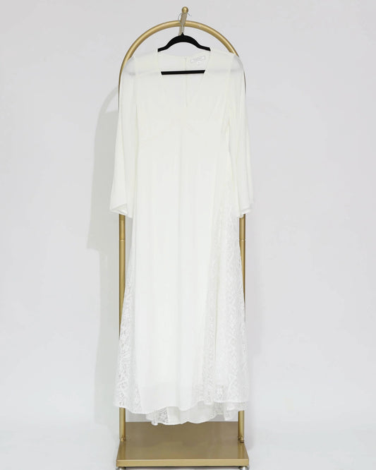 V-Neck Long Sleeve Lace Panel Maxi Dress – White