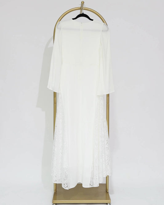 V-Neck Long Sleeve Lace Panel Maxi Dress – White