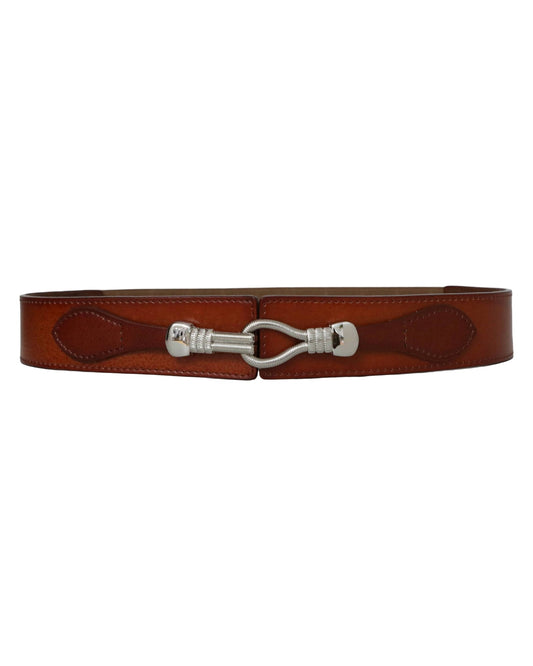 Wide Elastic Belt with Metal Hook Closure - Brown