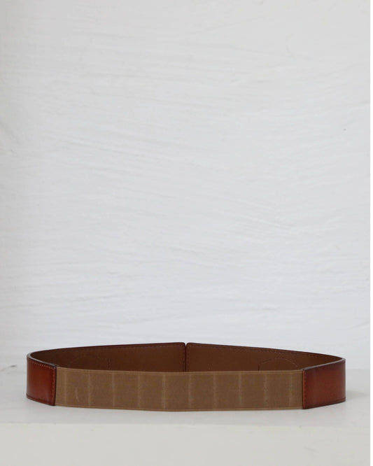 Wide Elastic Belt with Metal Hook Closure - Brown