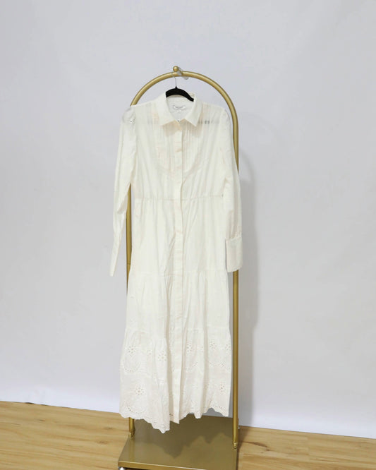 Long Sleeve Broderie Midi Dress – White